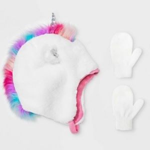NWT Cat & Jack Baby Girls’ Fleece Trapper Winter Hat & Mittens Set